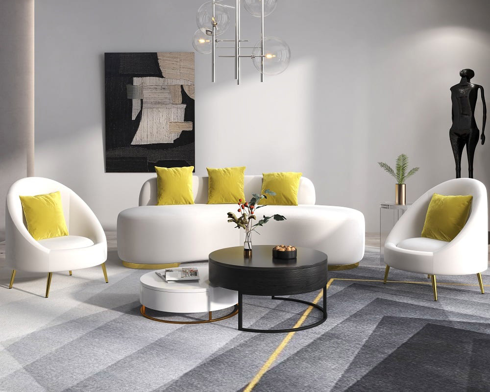 HMR Velvet Upholstered Curved Sofa Living Room Set of 3 with Pillows Chairs & 3-Seater - White