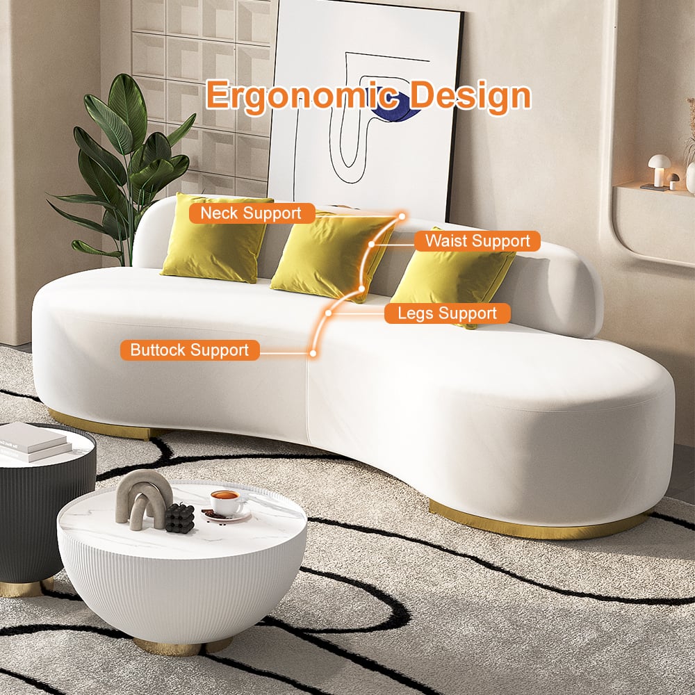 HMR Velvet Upholstered Curved Sofa Living Room Set of 3 with Pillows Chairs & 3-Seater - White
