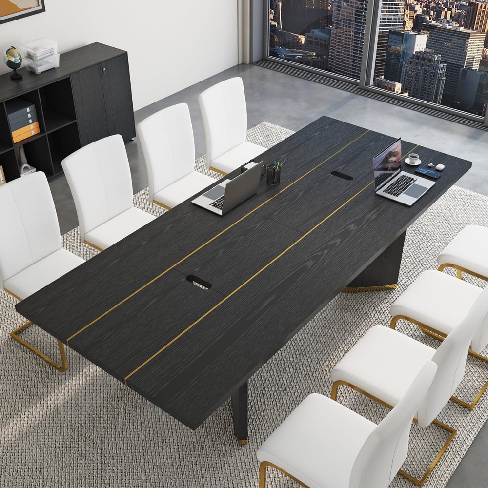 HMR - 94.5" Modern Black Long Meeting Conference Table Rectangle Table Cable Management