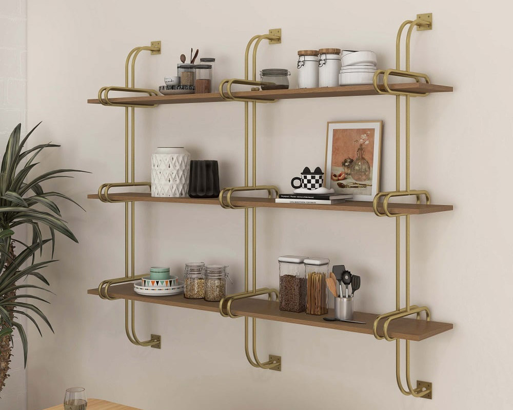 HMR Luxury 3-Tier 47" Floating Shelves Wall Shelf - Natural/Gold, MDF