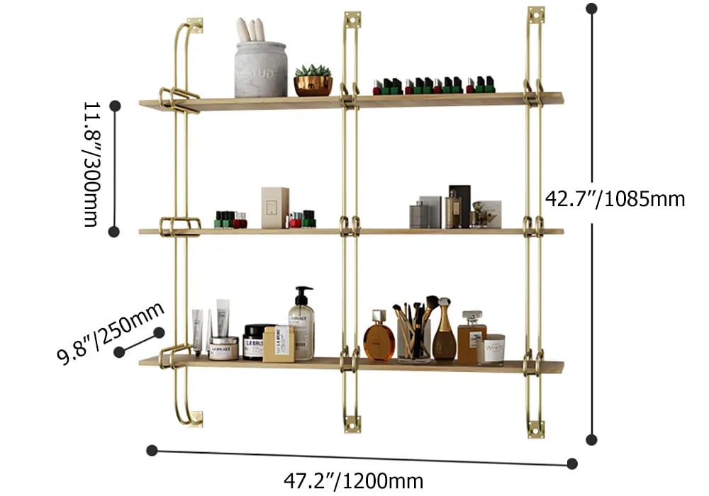 HMR Luxury 3-Tier 47" Floating Shelves Wall Shelf - Natural/Gold, MDF