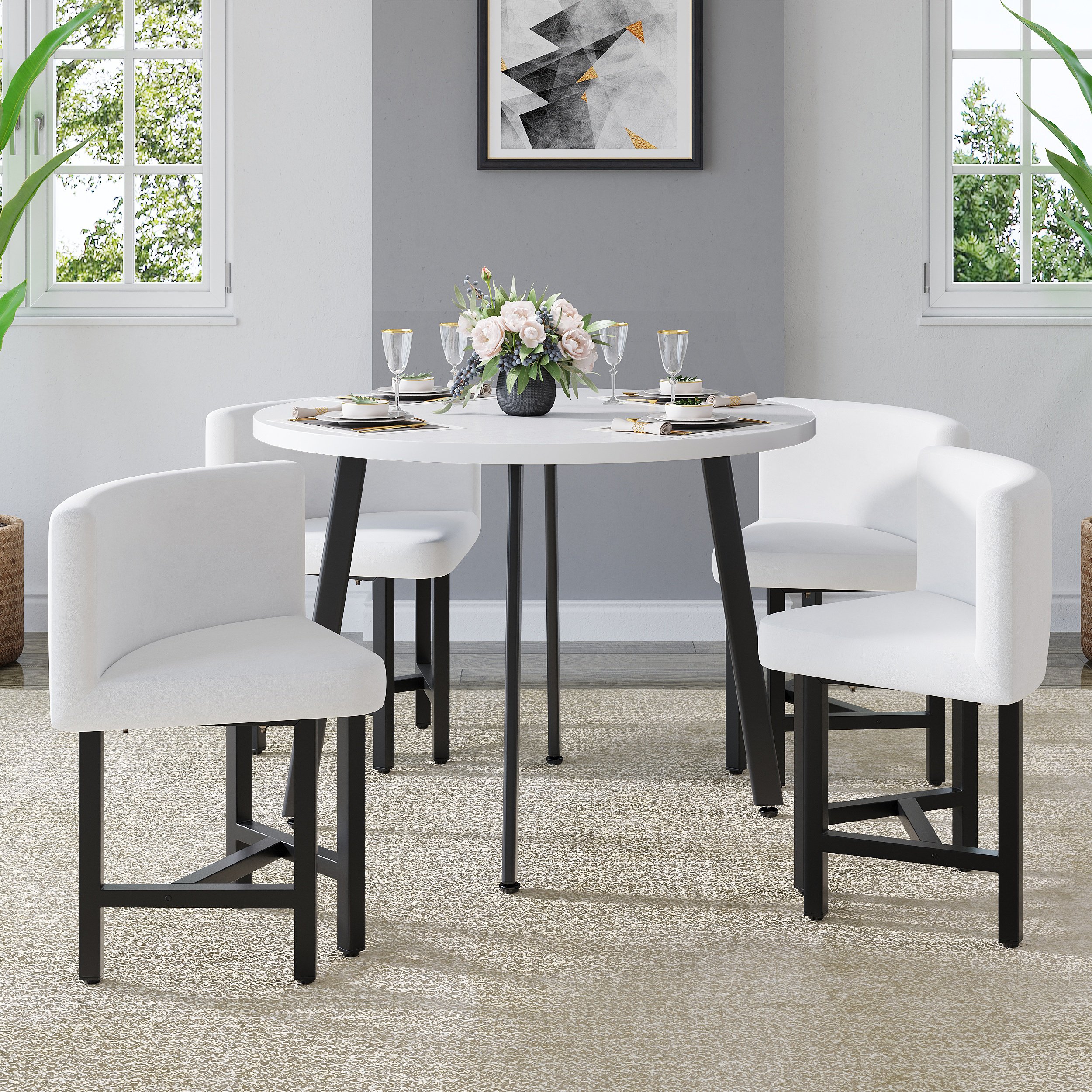 HMR Dining Set 39.4" Modern Round Wood Dining Table with 4 Chairs - White
