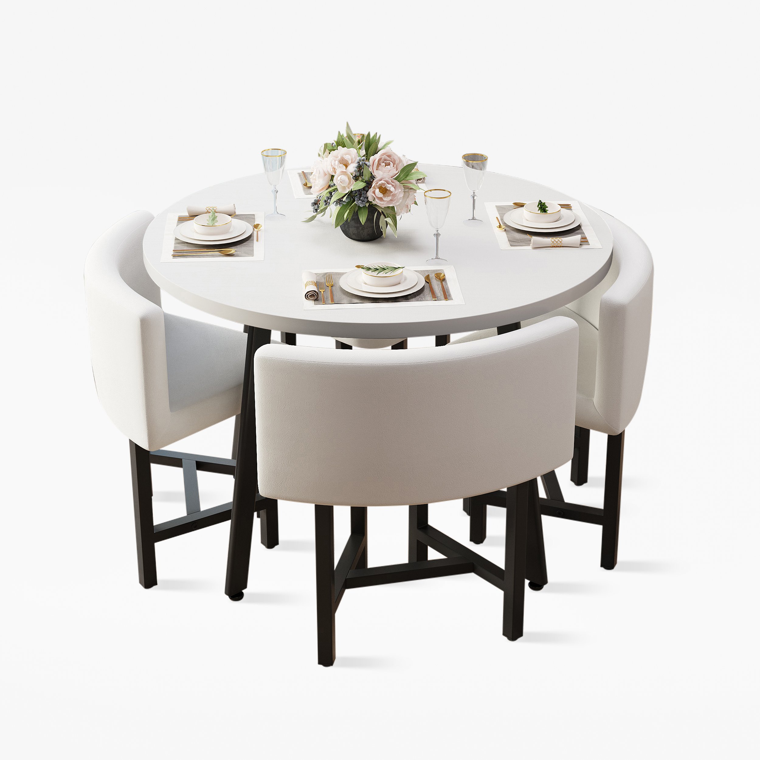 HMR Dining Set 39.4" Modern Round Wood Dining Table with 4 Chairs - White