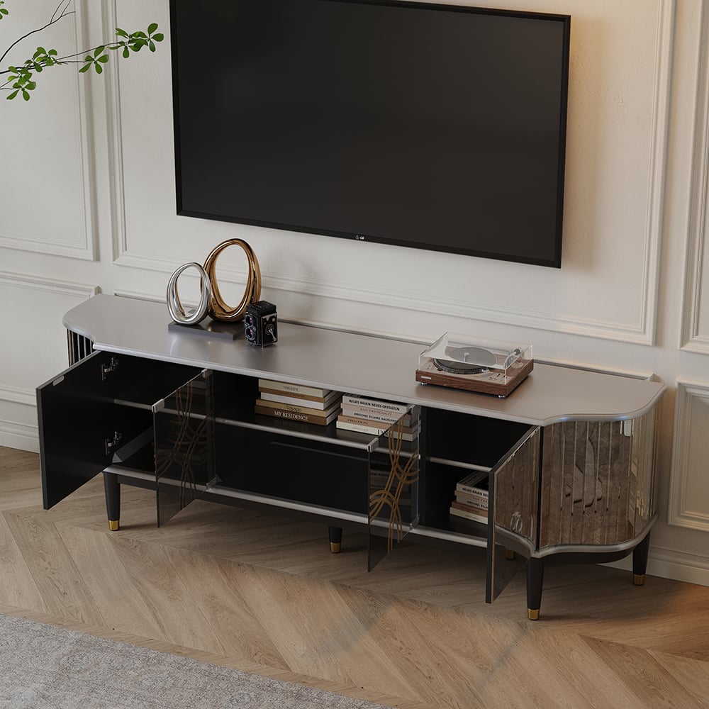 HMR - 70.8" Mid-century Modern Black & Silver Antique Mirror TV Stand Glass Doors
