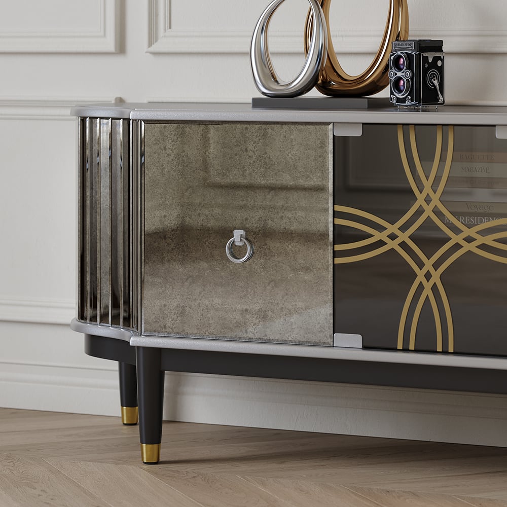 HMR - 70.8" Mid-century Modern Black & Silver Antique Mirror TV Stand Glass Doors