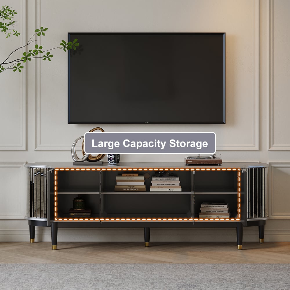 HMR - 70.8" Mid-century Modern Black & Silver Antique Mirror TV Stand Glass Doors