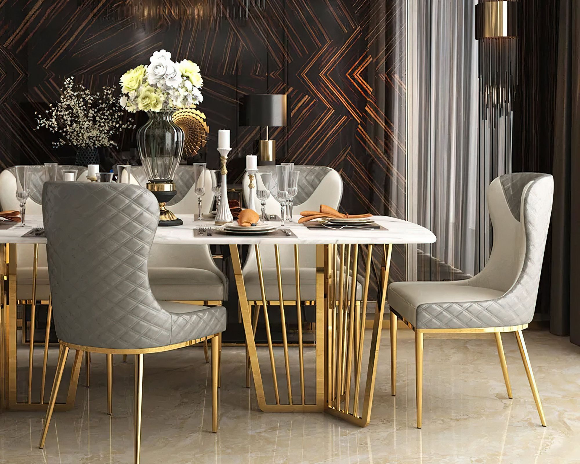 HMR Modern Dining Chairs with White PU Leather Upholstery - Gray, Set of 4