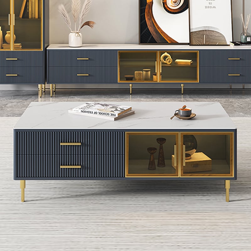 HMR - Cofab Modern Blue Coffee Table with 2 Glass Door Storage & 4 Drawers Gold Metal Legs