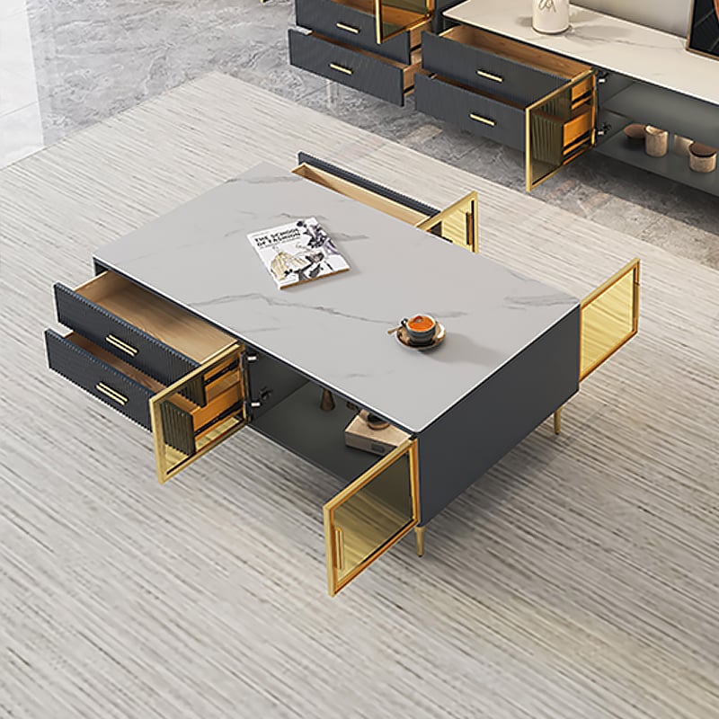 HMR - Cofab Modern Blue Coffee Table with 2 Glass Door Storage & 4 Drawers Gold Metal Legs