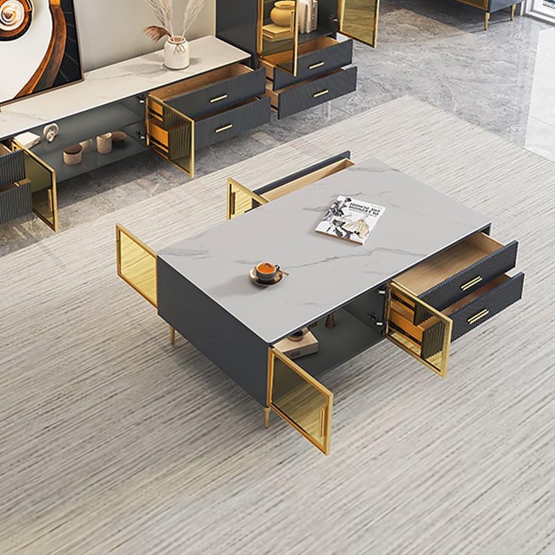 HMR - Cofab Modern Blue Coffee Table with 2 Glass Door Storage & 4 Drawers Gold Metal Legs