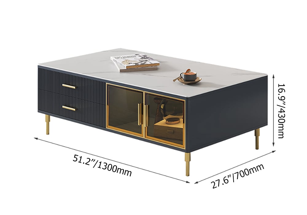 HMR - Cofab Modern Blue Coffee Table with 2 Glass Door Storage & 4 Drawers Gold Metal Legs