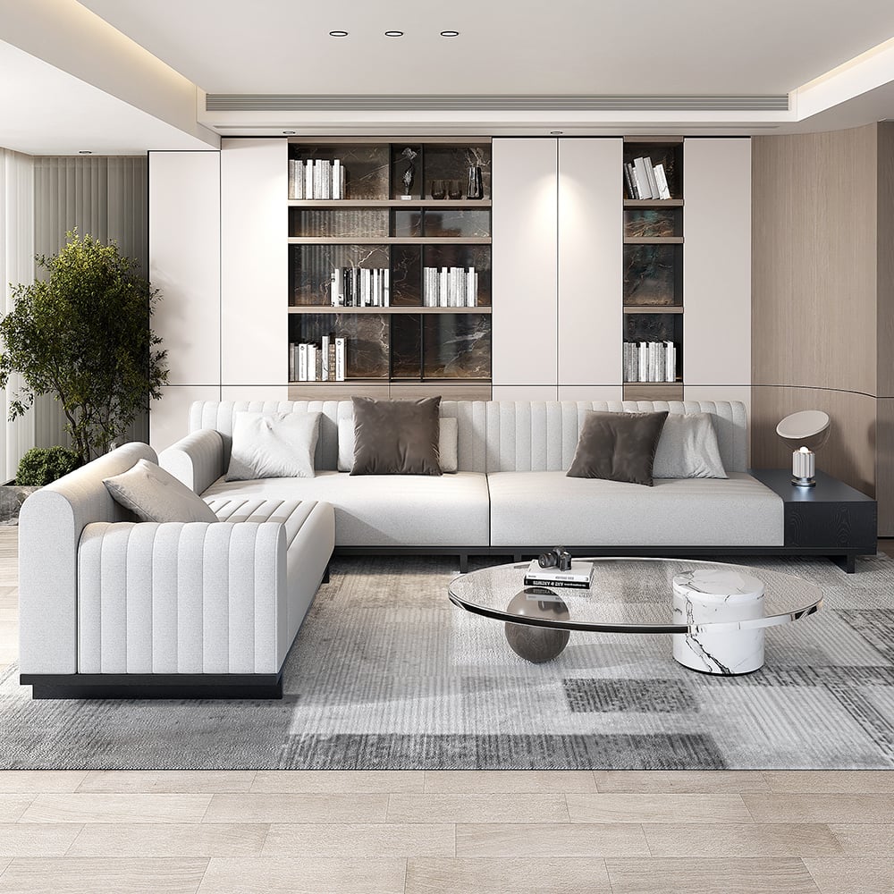 HMR 157" Modern Corner L-Shaped Sectional Sofa with Side Open Storage - Light Gray, Linen