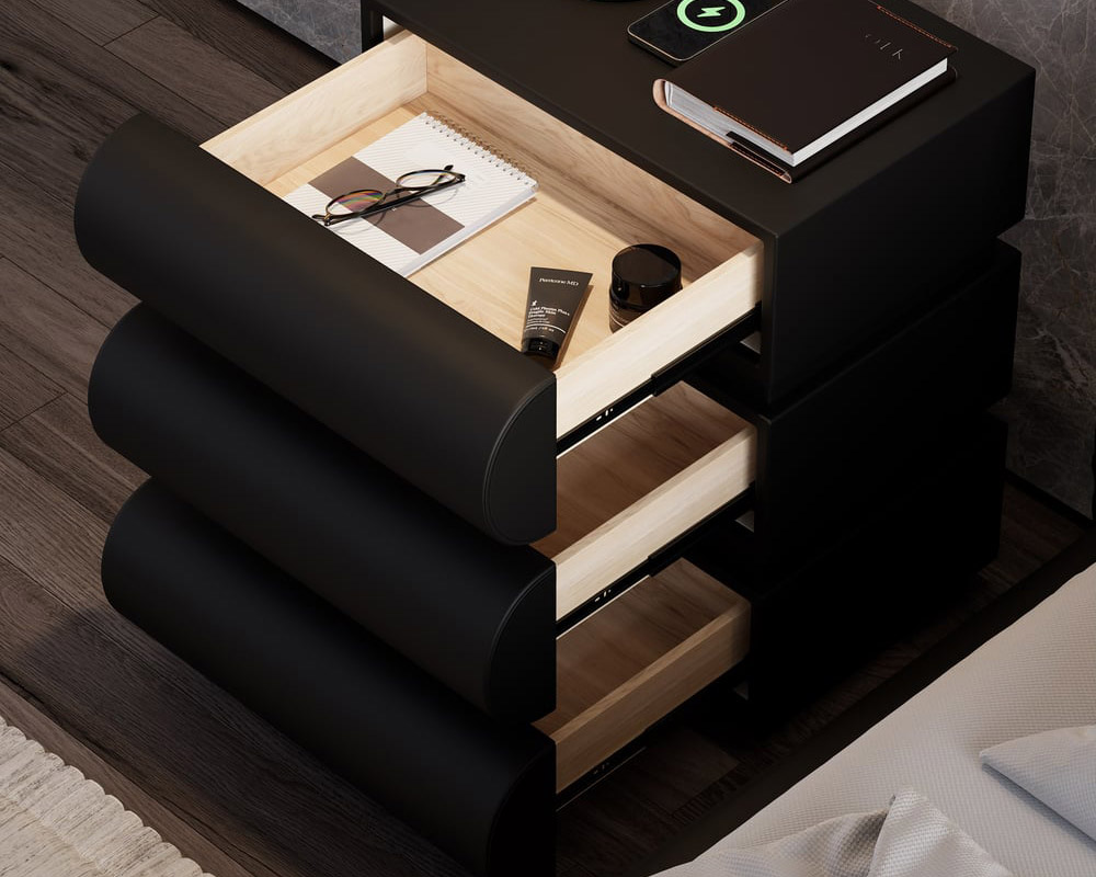 HMR Humply Modern Leather Smart Nightstand with Wireless Charger Drawers - Black, 3-Drawer, Set Of 2