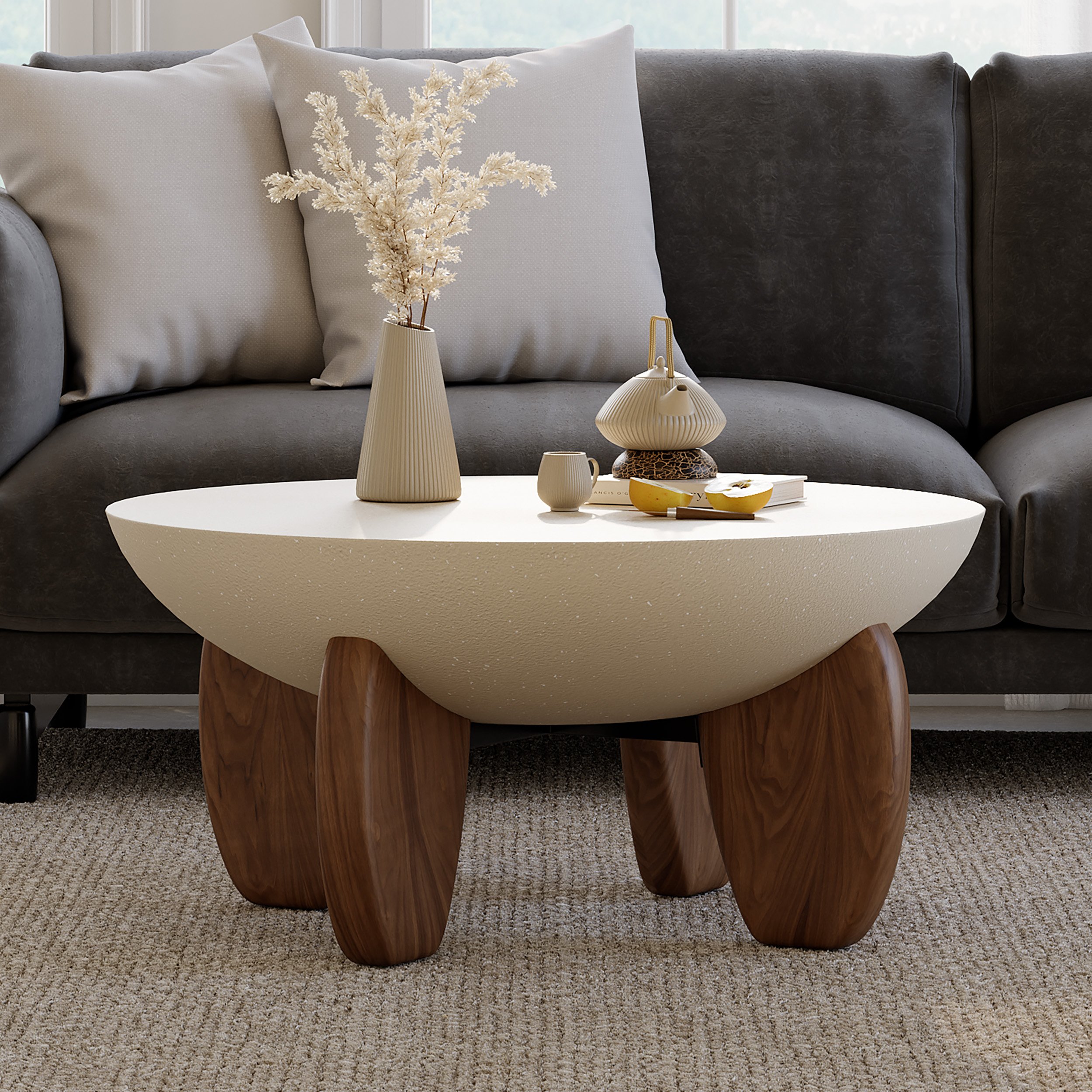 HMR 118" Channel Sherpa Linen Sectional Sofa & Coffee Table Concrete Set - Rust, Style A
