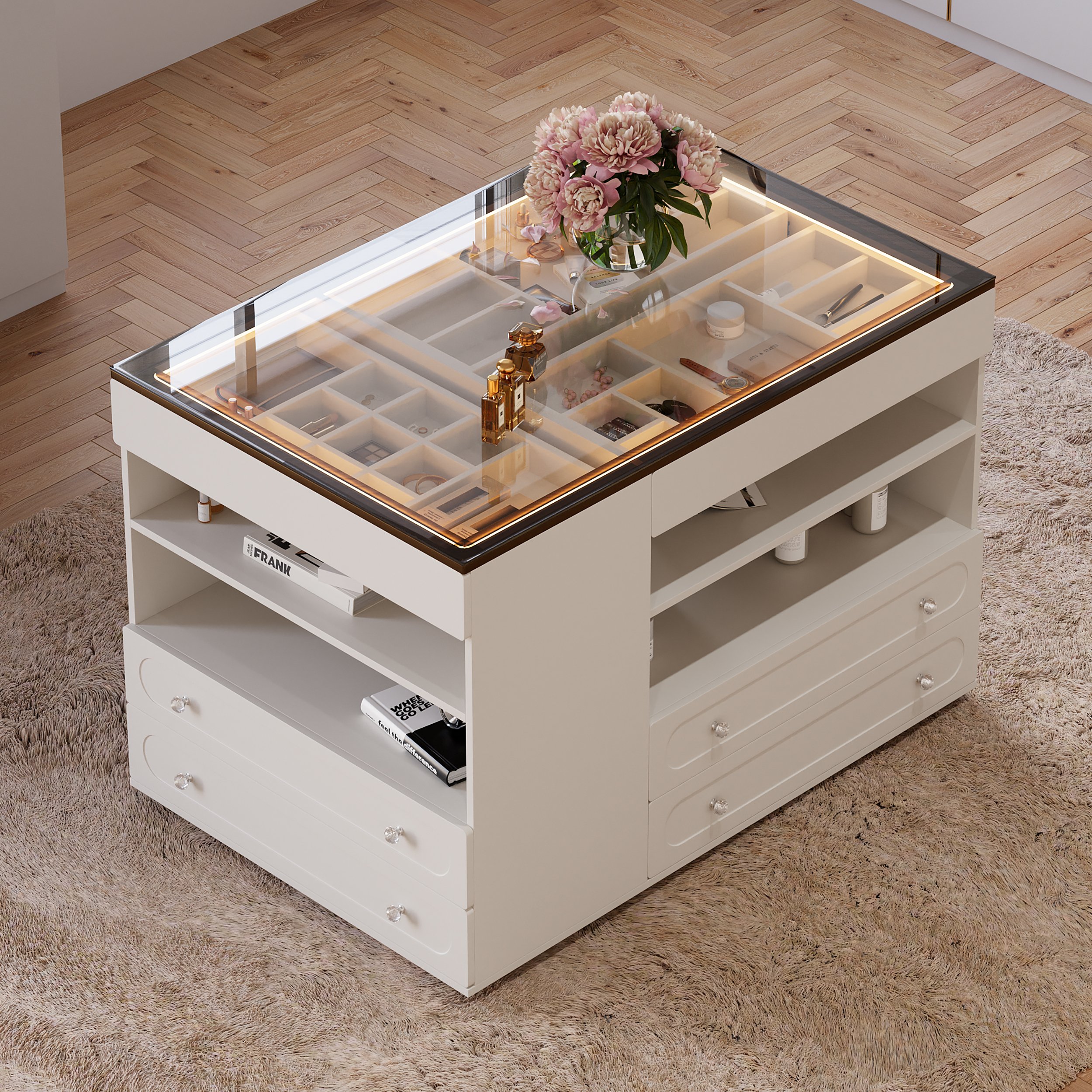 HMR - 47"W Dresser Walk in Closet Island with Jewelry Storage LED Light