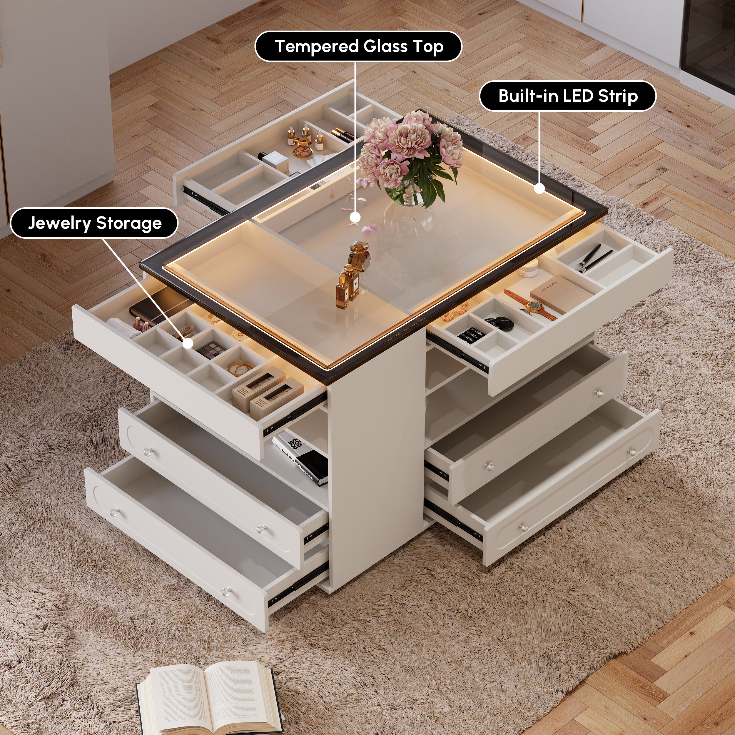 HMR 47"W Dresser Walk in Closet Island with Jewelry Storage LED Light - White