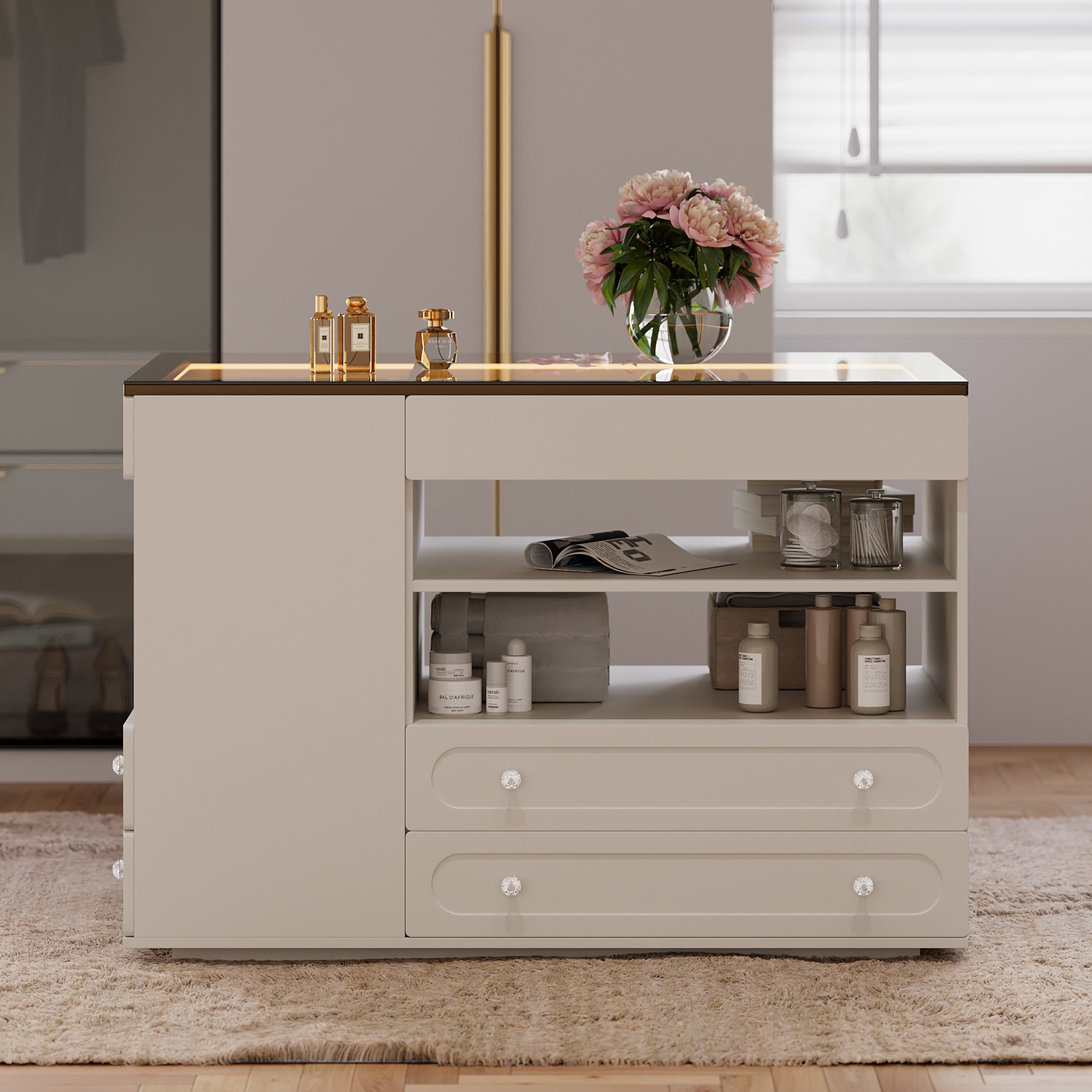 HMR 47"W Dresser Walk in Closet Island with Jewelry Storage LED Light - White