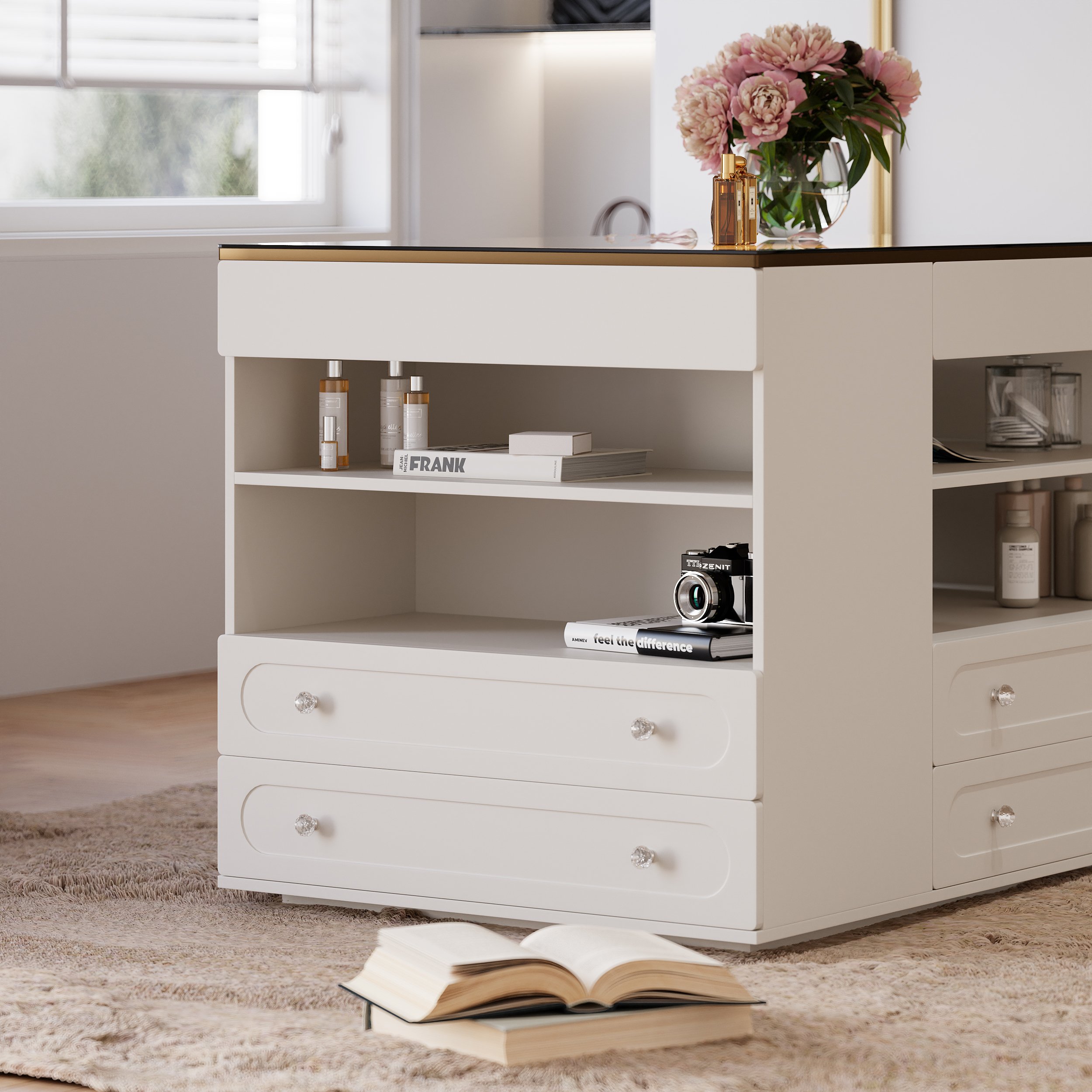 HMR 47"W Dresser Walk in Closet Island with Jewelry Storage LED Light - White