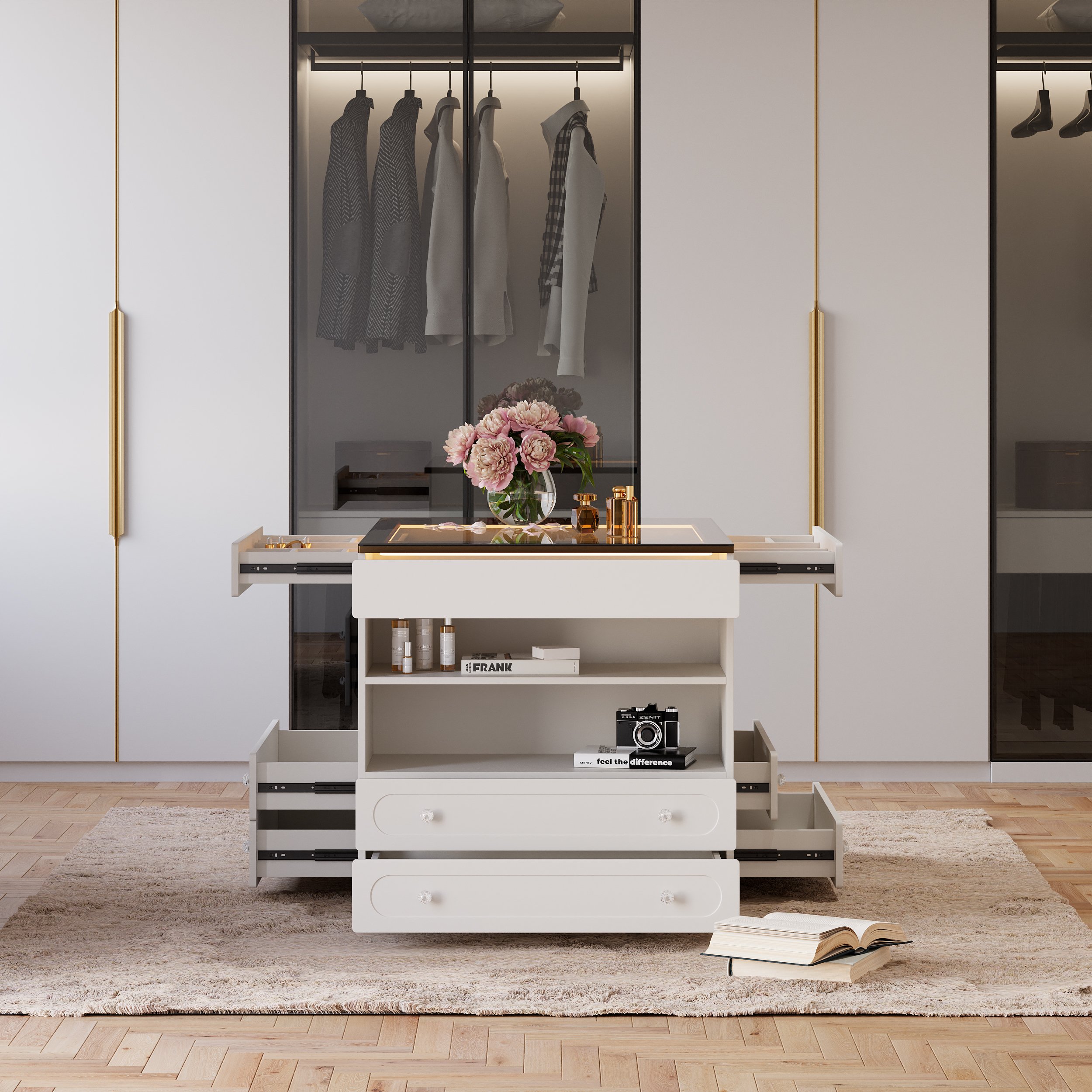 HMR 47"W Dresser Walk in Closet Island with Jewelry Storage LED Light - White