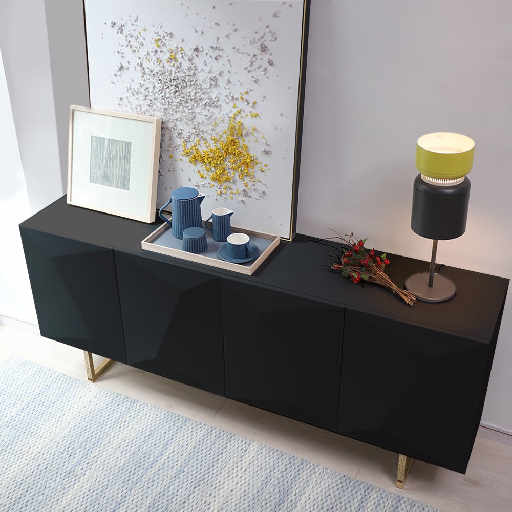 HMR 71" Modern Wood Sideboard and Buffets with 4 Doors Adjustable Shelves - Black & Gold