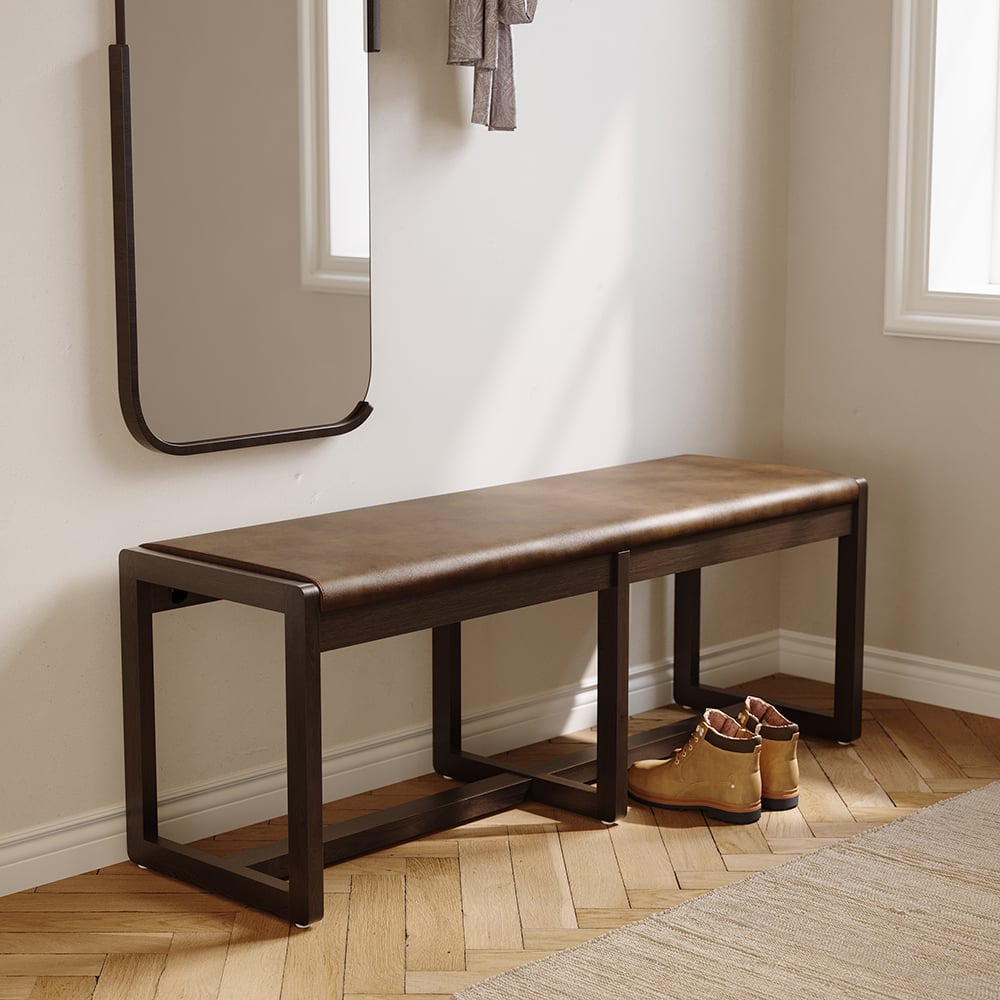 HMR - 47" Mid-Century Modern Walnut Entryway Bench PU Leather Upholstered Bench Ash Wood Legs