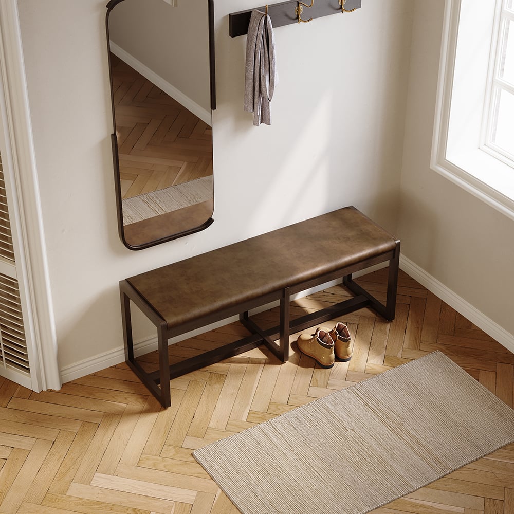 HMR - 47" Mid-Century Modern Walnut Entryway Bench PU Leather Upholstered Bench Ash Wood Legs