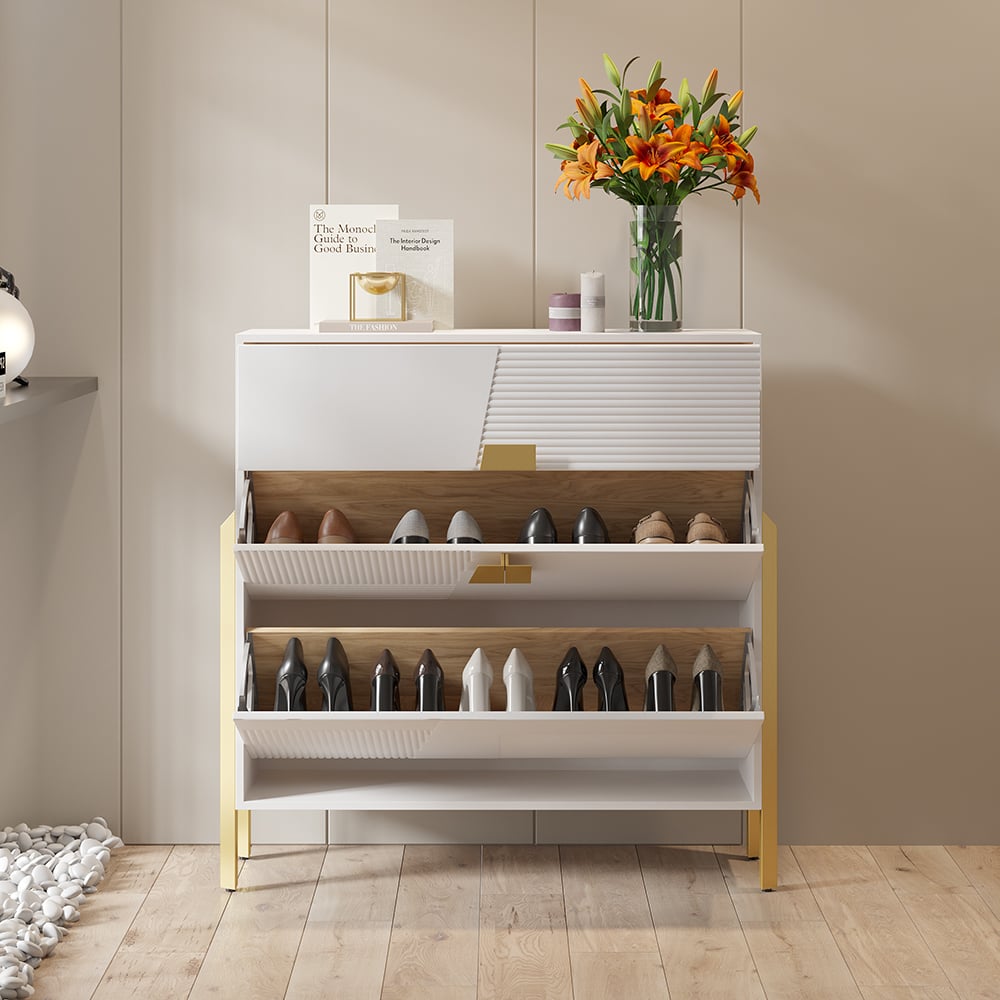 HMR - Modern Entryway White Shoe Storage Narrow Shoe Cabinet with 2 Flip Doors & 1 Drawer