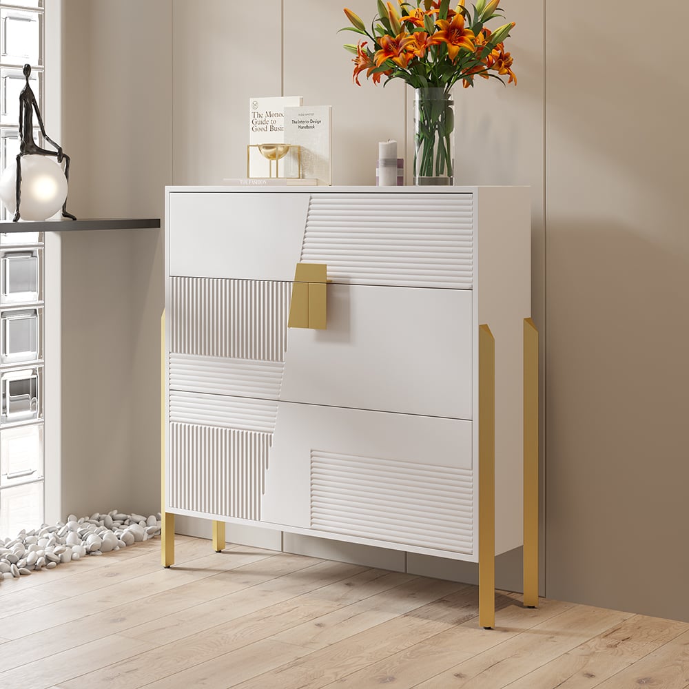 HMR - Modern Entryway White Shoe Storage Narrow Shoe Cabinet with 2 Flip Doors & 1 Drawer