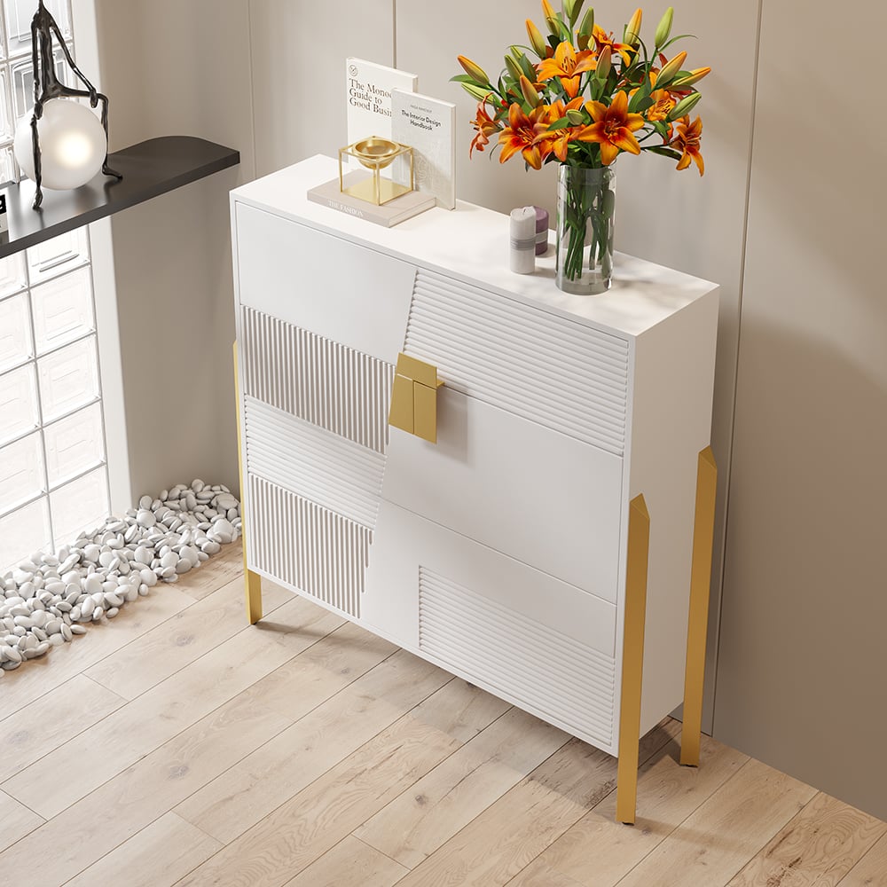 HMR - Modern Entryway White Shoe Storage Narrow Shoe Cabinet with 2 Flip Doors & 1 Drawer