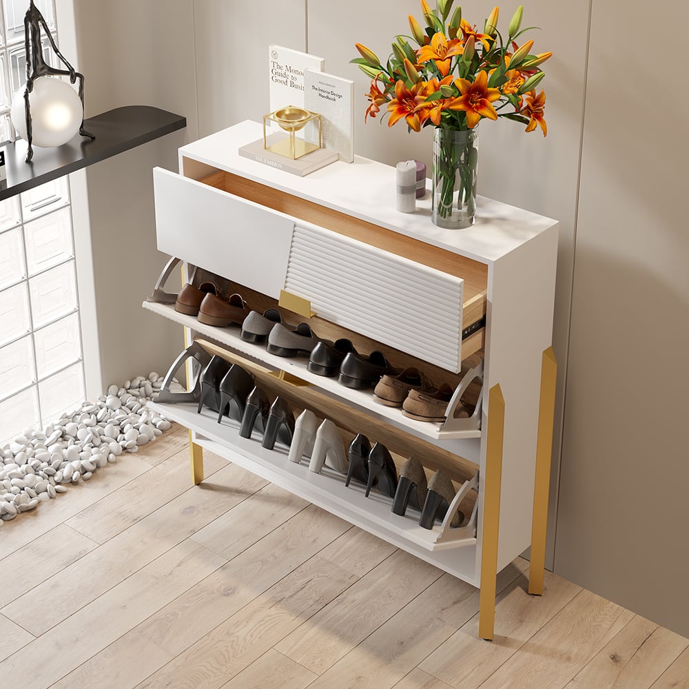 HMR - Modern Entryway White Shoe Storage Narrow Shoe Cabinet with 2 Flip Doors & 1 Drawer