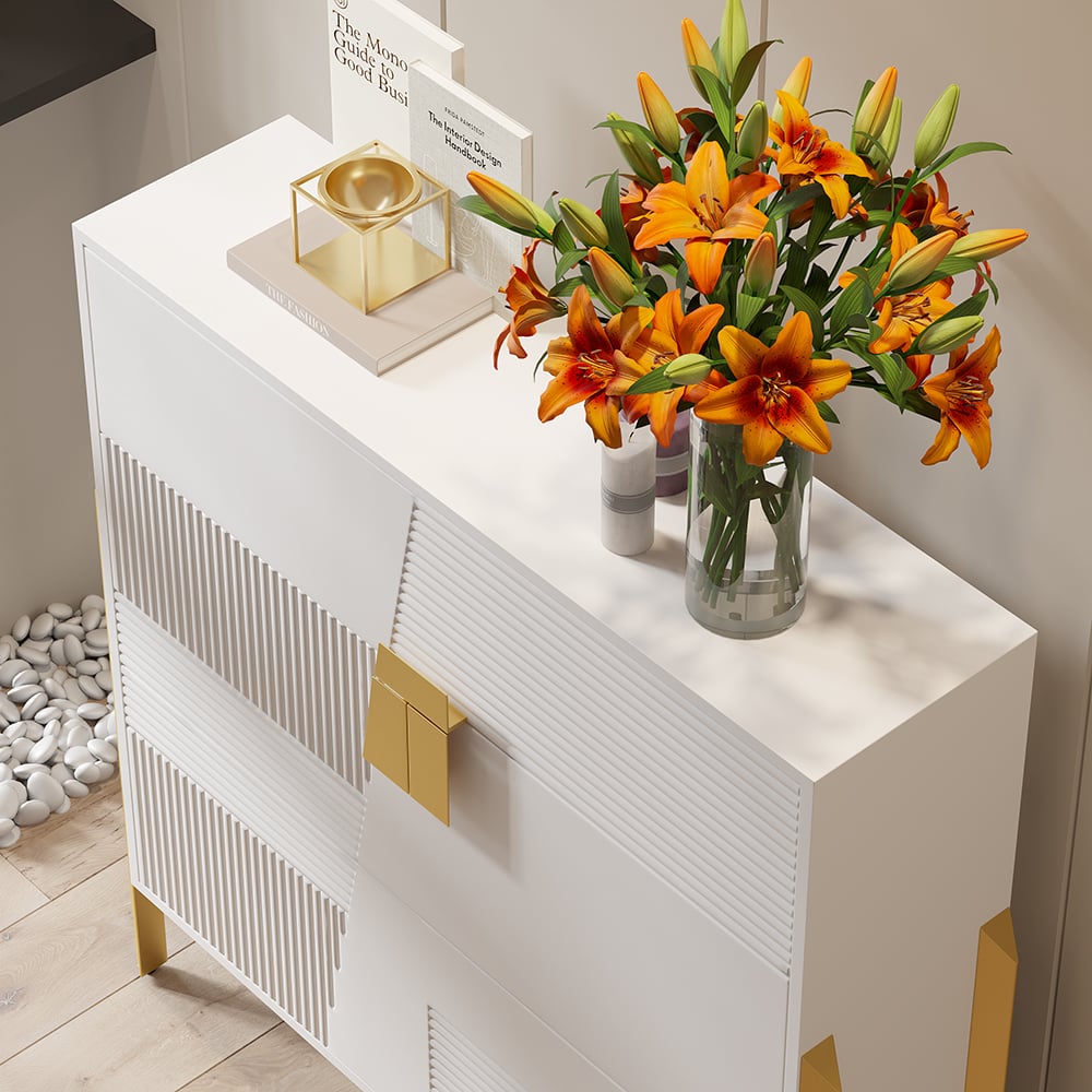 HMR - Modern Entryway White Shoe Storage Narrow Shoe Cabinet with 2 Flip Doors & 1 Drawer