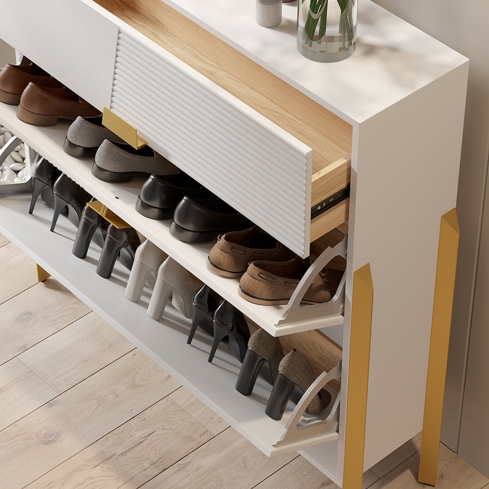 HMR - Modern Entryway White Shoe Storage Narrow Shoe Cabinet with 2 Flip Doors & 1 Drawer