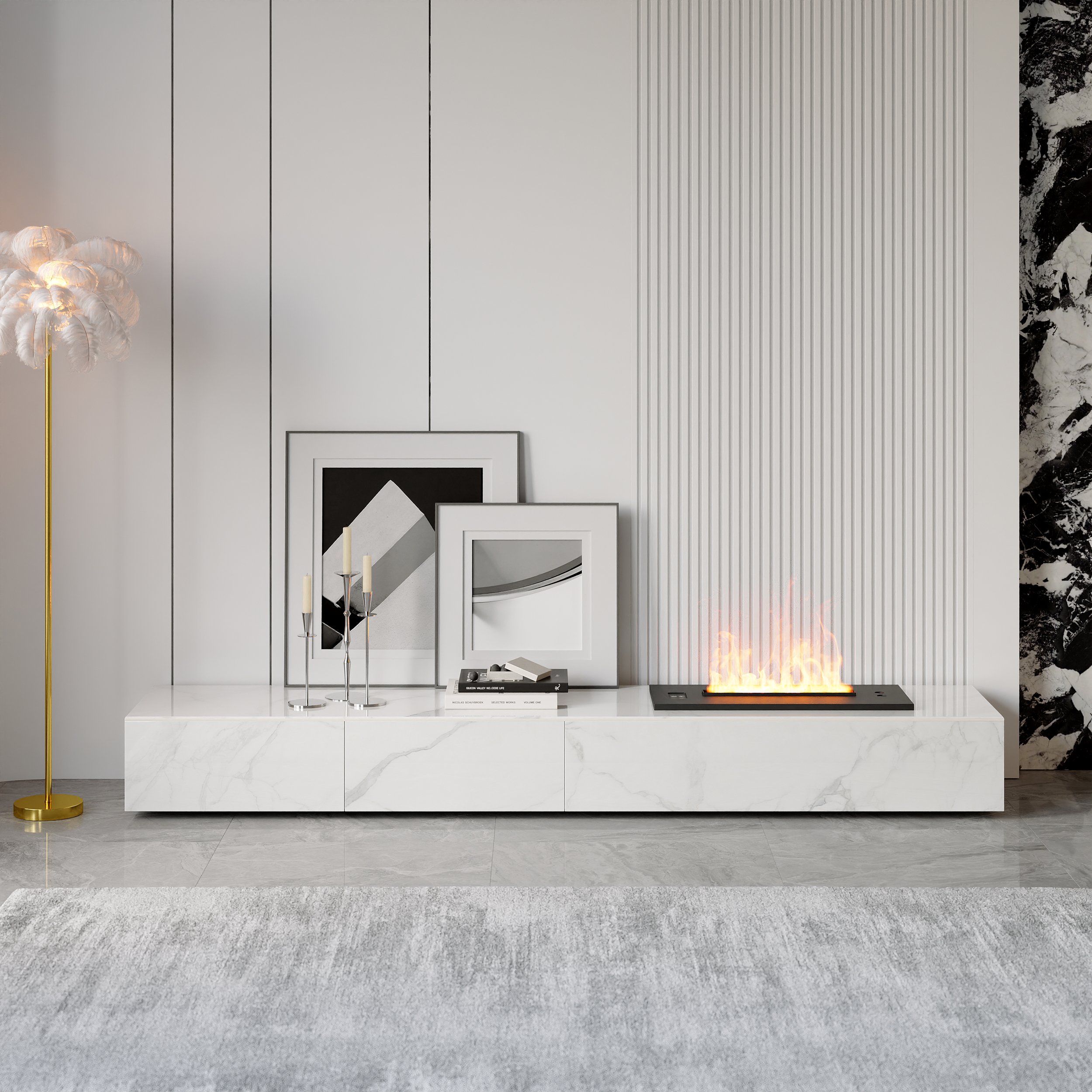 HMR Sintered Stone Electric Fireplace Humidifier TV Stand - White, 87"