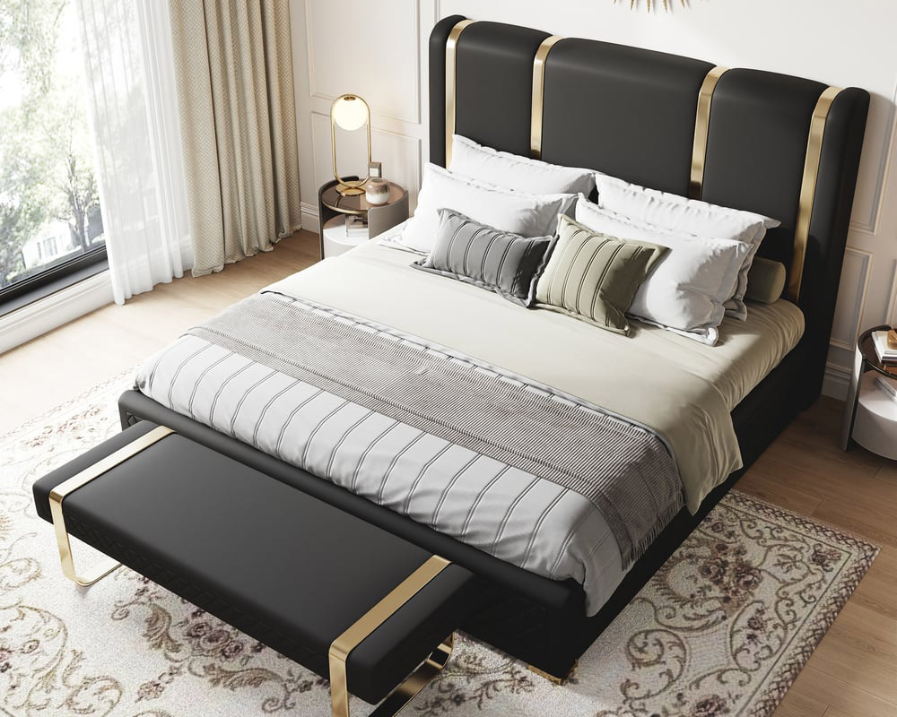 HMR Modern Upholstered Bed Frame with Polished Gold and Faux Leather Headboard - Black, King Size