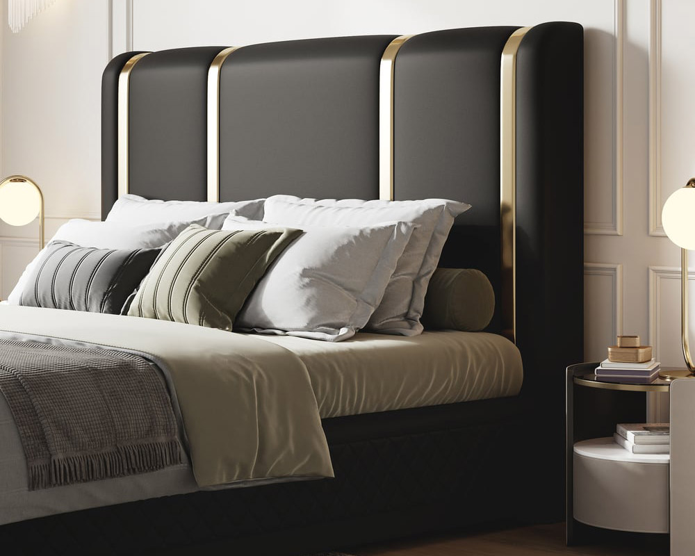 HMR Modern Upholstered Bed Frame with Polished Gold and Faux Leather Headboard - Black, King Size
