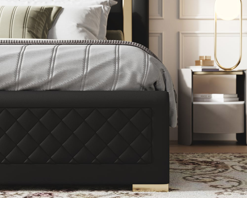 HMR Modern Upholstered Bed Frame with Polished Gold and Faux Leather Headboard - Black, King Size