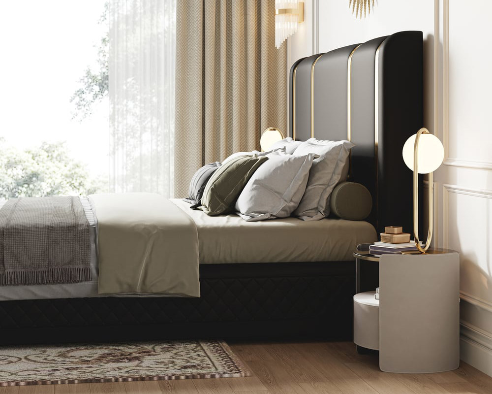 HMR Modern Upholstered Bed Frame with Polished Gold and Faux Leather Headboard - Black, King Size