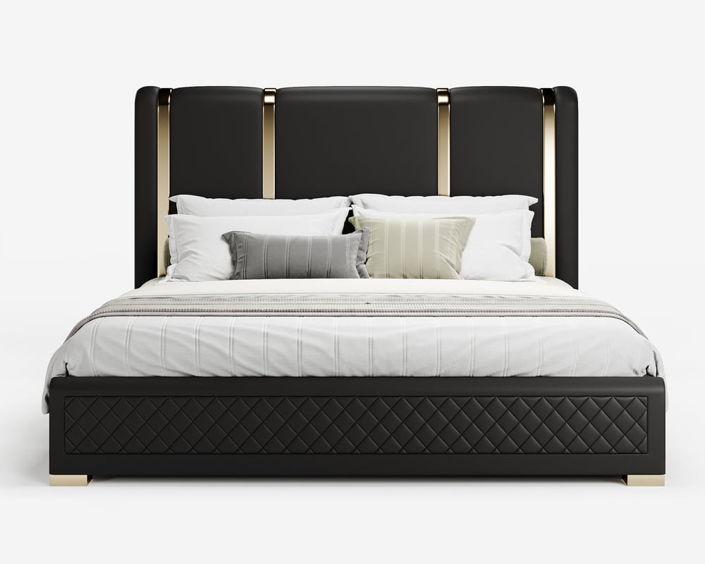 HMR Modern Upholstered Bed Frame with Polished Gold and Faux Leather Headboard - Black, King Size