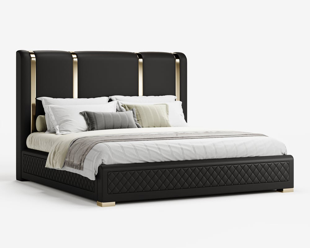 HMR Modern Upholstered Bed Frame with Polished Gold and Faux Leather Headboard - Black, King Size