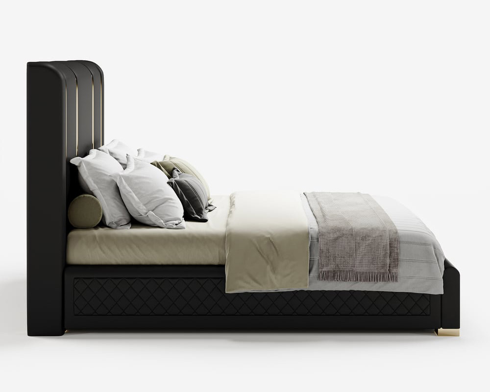 HMR Modern Upholstered Bed Frame with Polished Gold and Faux Leather Headboard - Black, King Size