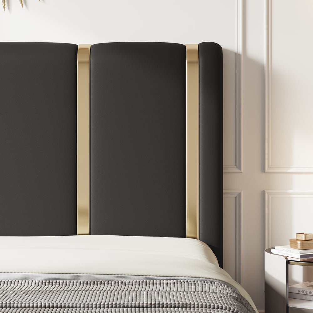 HMR Modern Upholstered Bed Frame with Polished Gold and Faux Leather Headboard - Black, King Size