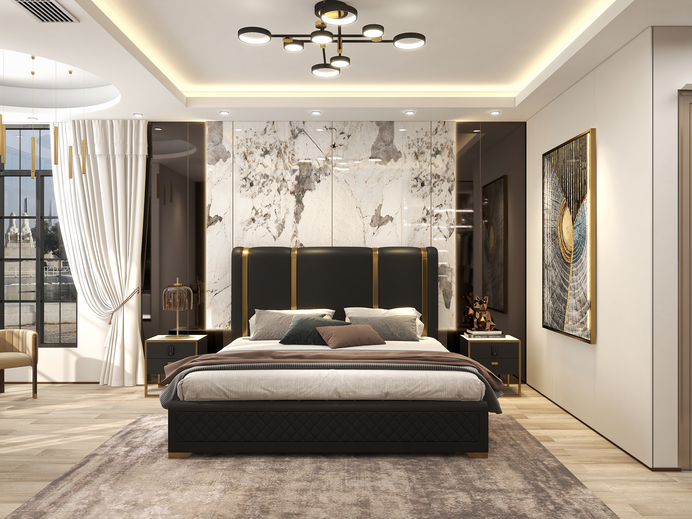 HMR Modern Upholstered Bed Frame with Polished Gold and Faux Leather Headboard - Black, King Size