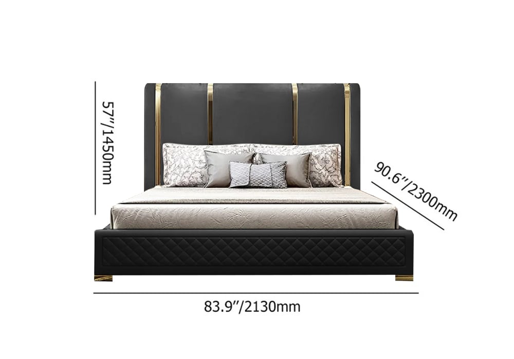 HMR Modern Upholstered Bed Frame with Polished Gold and Faux Leather Headboard - Black, King Size