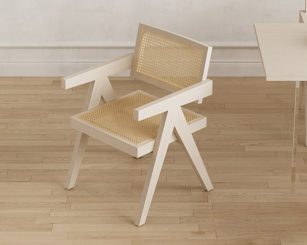 HMR Archic Japandi Bleached Wood Rattan Dining Chair with Solid Wood Frame - Washed White, Without Upholstery, 4-Pieces