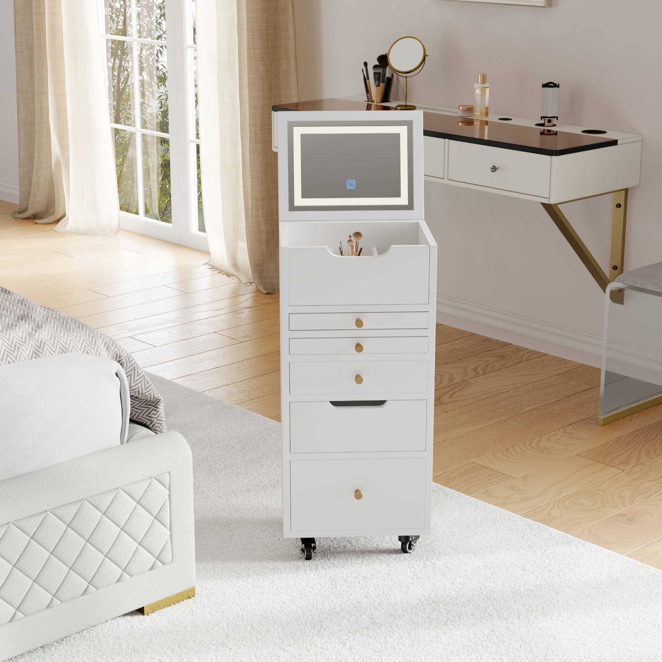 HMR - 5-Drawer Beauty Cart Dresser with LED Mirror & Jewelry Storage