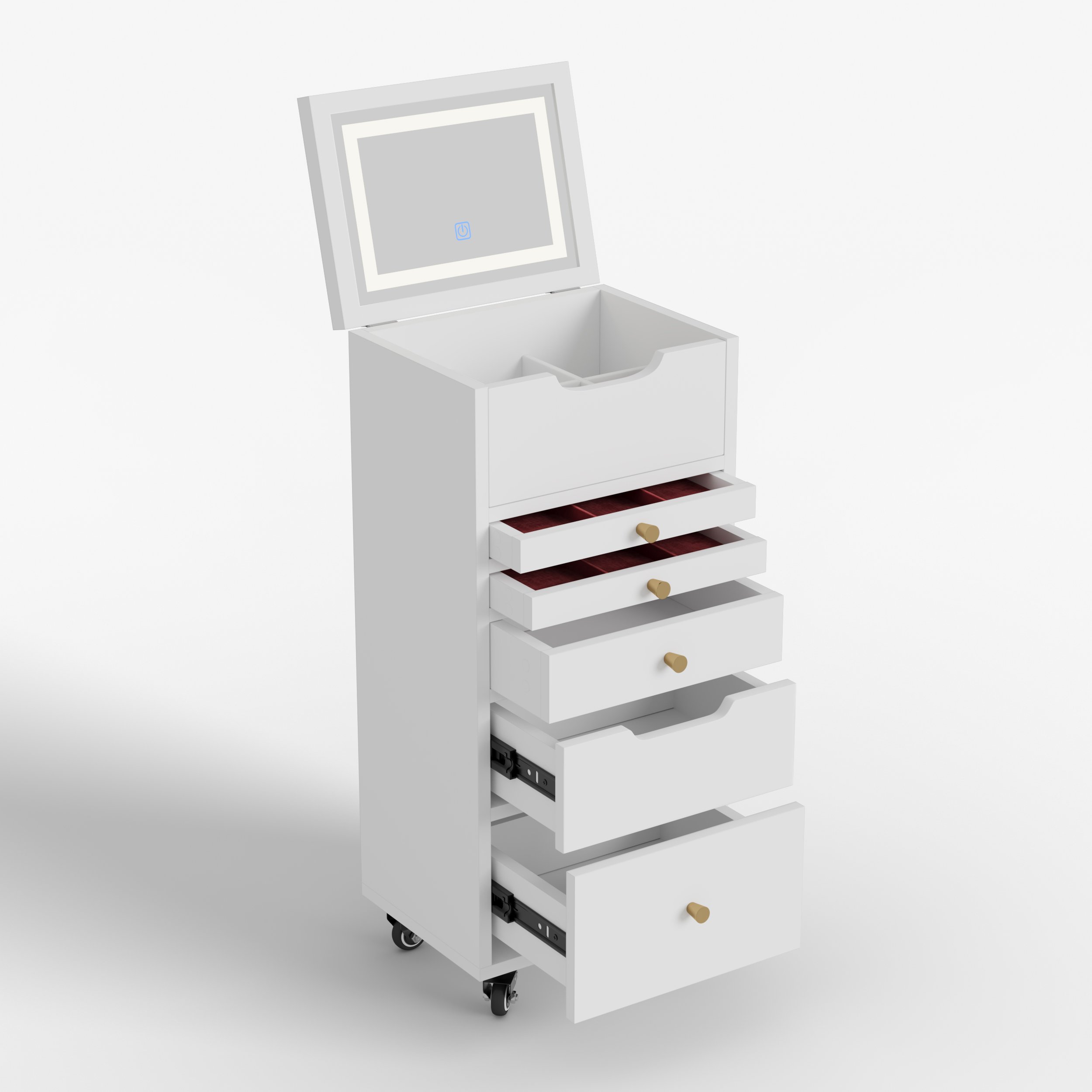 HMR - 5-Drawer Beauty Cart Dresser with LED Mirror & Jewelry Storage