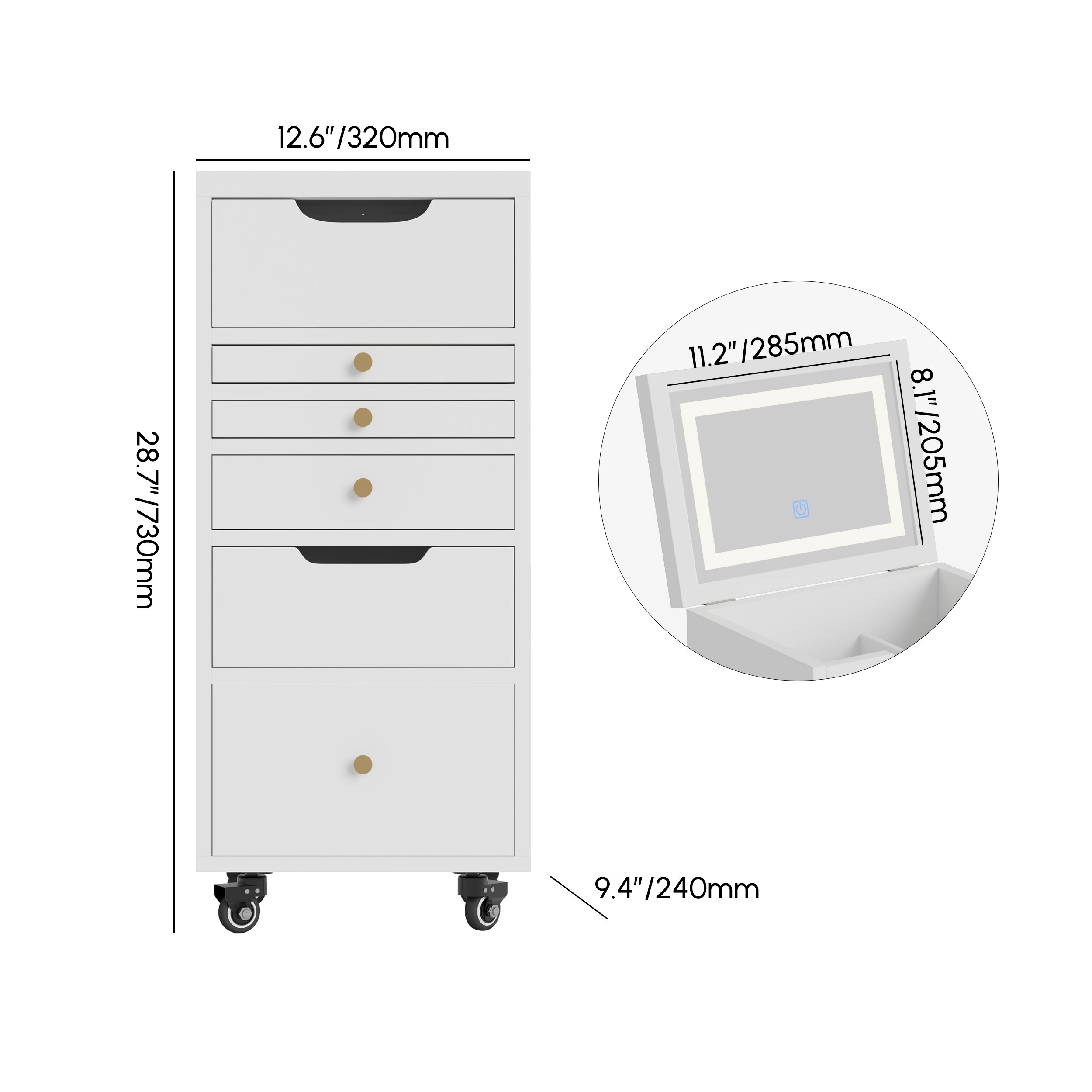 HMR - 5-Drawer Beauty Cart Dresser with LED Mirror & Jewelry Storage