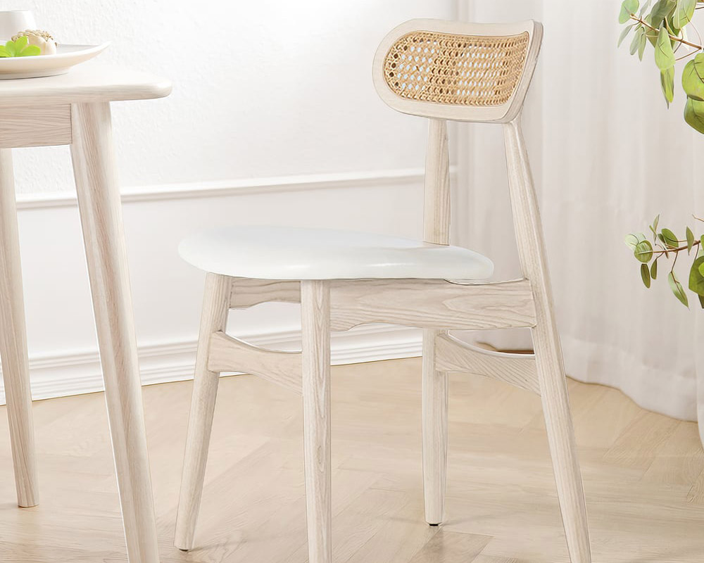HMR Japandi Modern Wood Dining Chair with Faux Leather Upholstery - Bleached Wood, Single