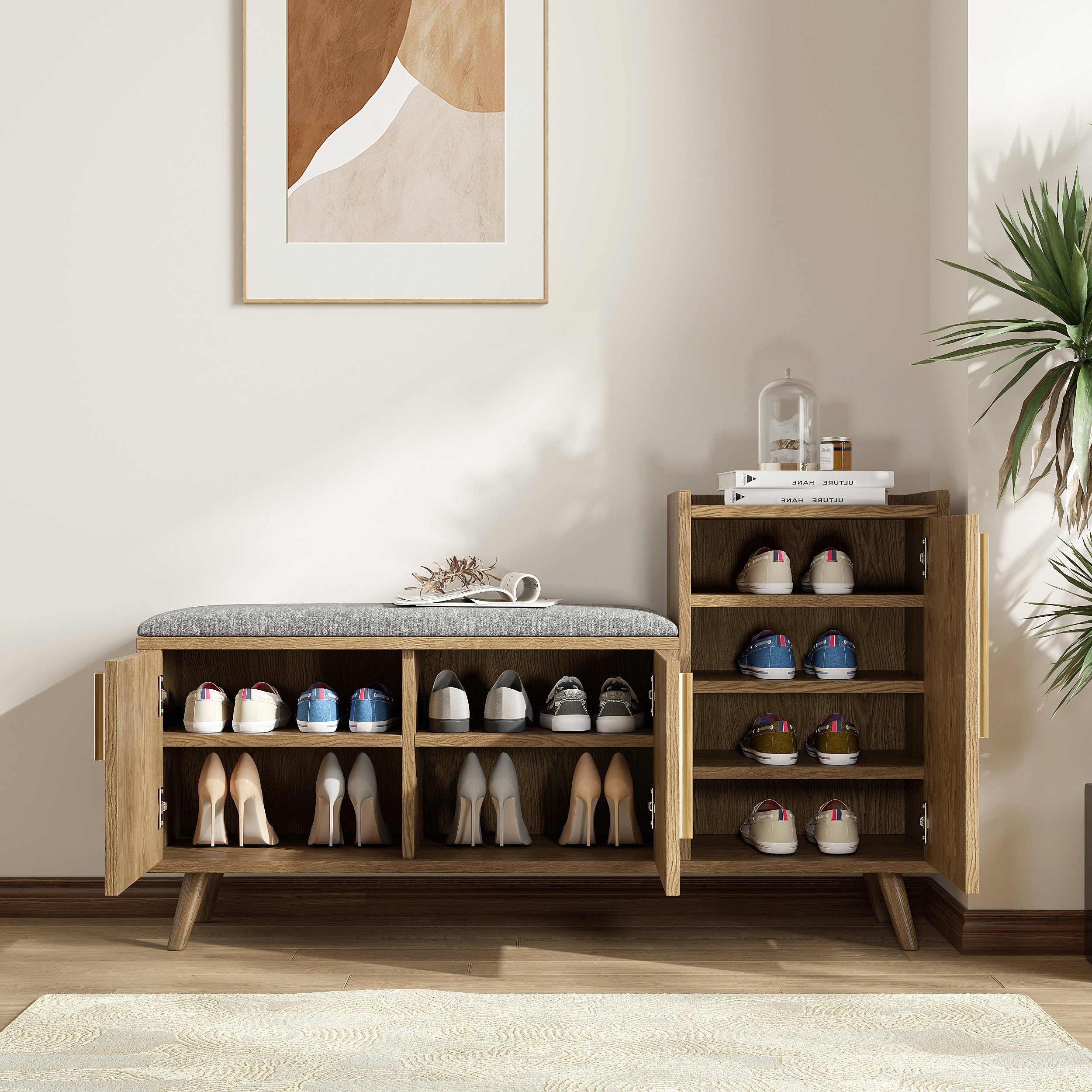 HMR 47" Shoe Storage Bench with 3 Doors & 5 Shelves - Walnut, Right Hand