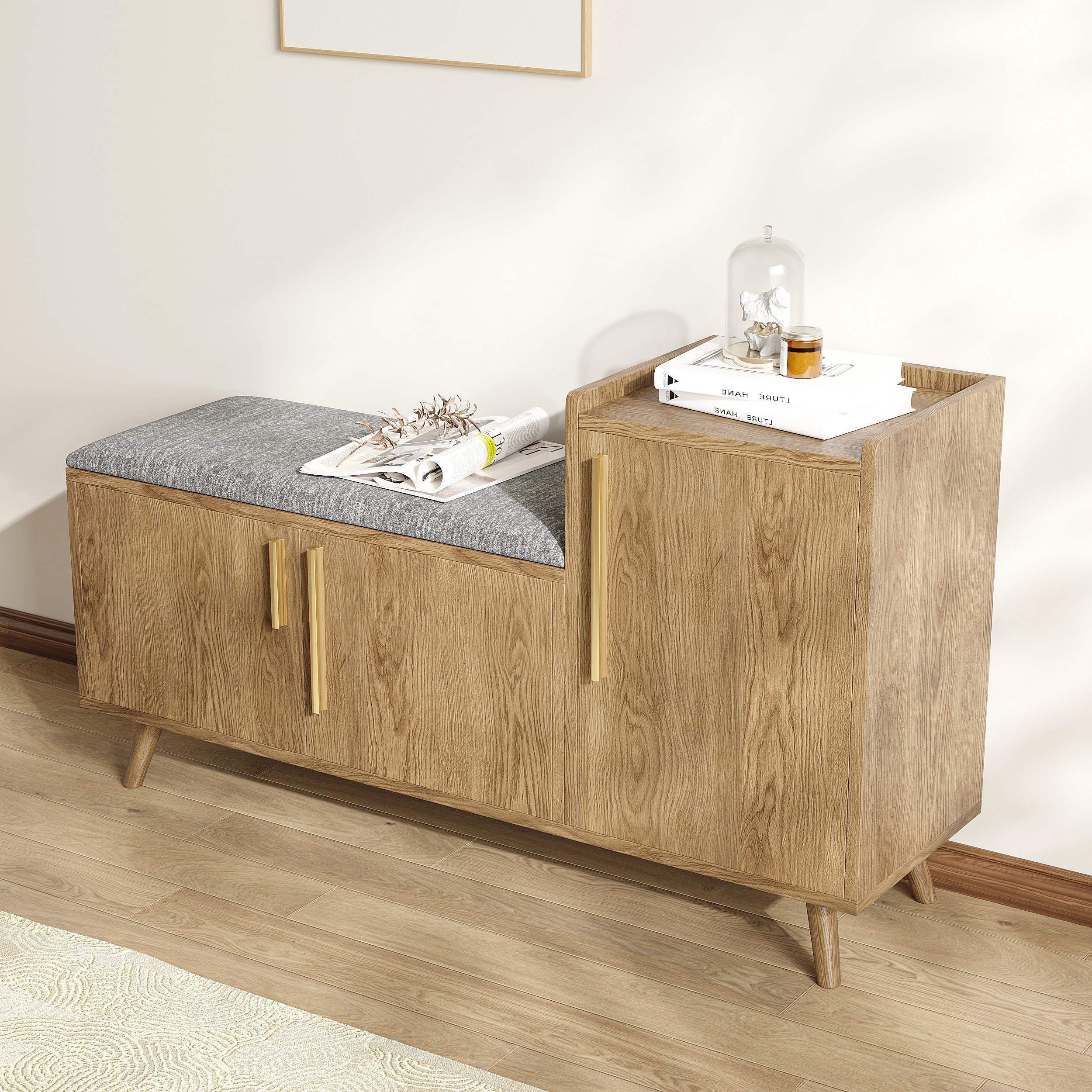 HMR 47" Shoe Storage Bench with 3 Doors & 5 Shelves - Walnut, Right Hand